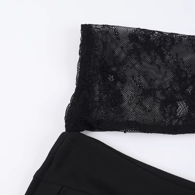 New Pure Desire Style Sexy Hot Girl Versatile Slim Fit Slant Shoulder Lace Splicing Top for Women ZX24246PFO