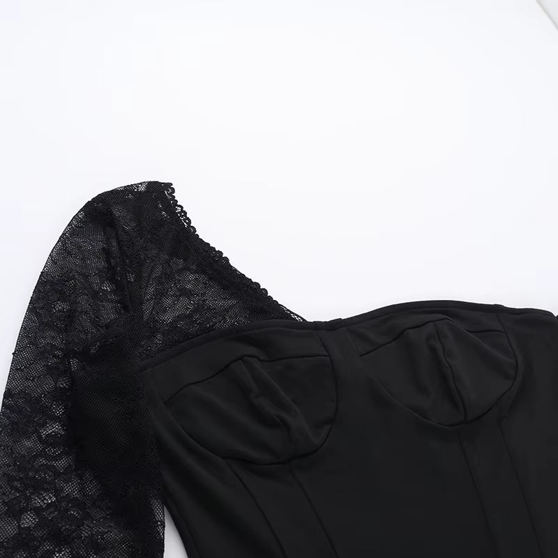 New Pure Desire Style Sexy Hot Girl Versatile Slim Fit Slant Shoulder Lace Splicing Top for Women ZX24246PFO