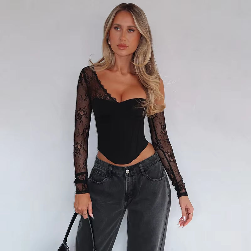 New Pure Desire Style Sexy Hot Girl Versatile Slim Fit Slant Shoulder Lace Splicing Top for Women ZX24246PFO